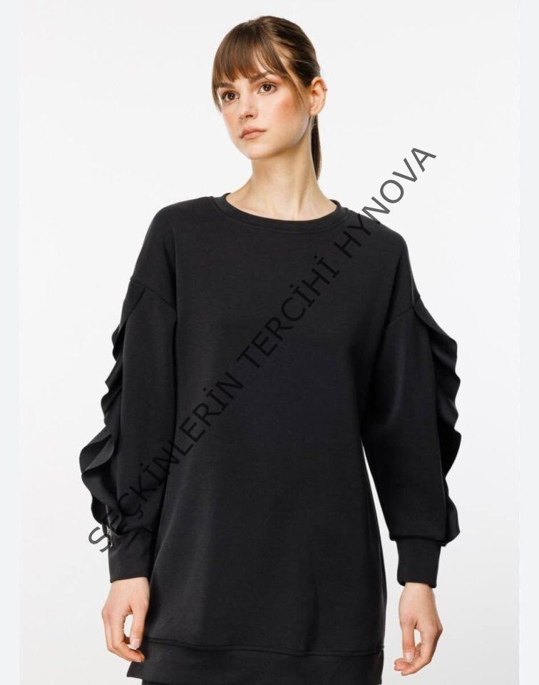 Kadın Bisiklet Yaka Kolları Volan Detay üç Iplik Kumaş Sweat