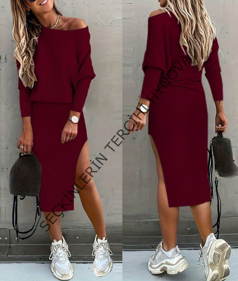 Kadın Uzun Kollu Düşük Omuz Yırtmaç Detay Kaşkorse Etek Bluz Ikili Takım