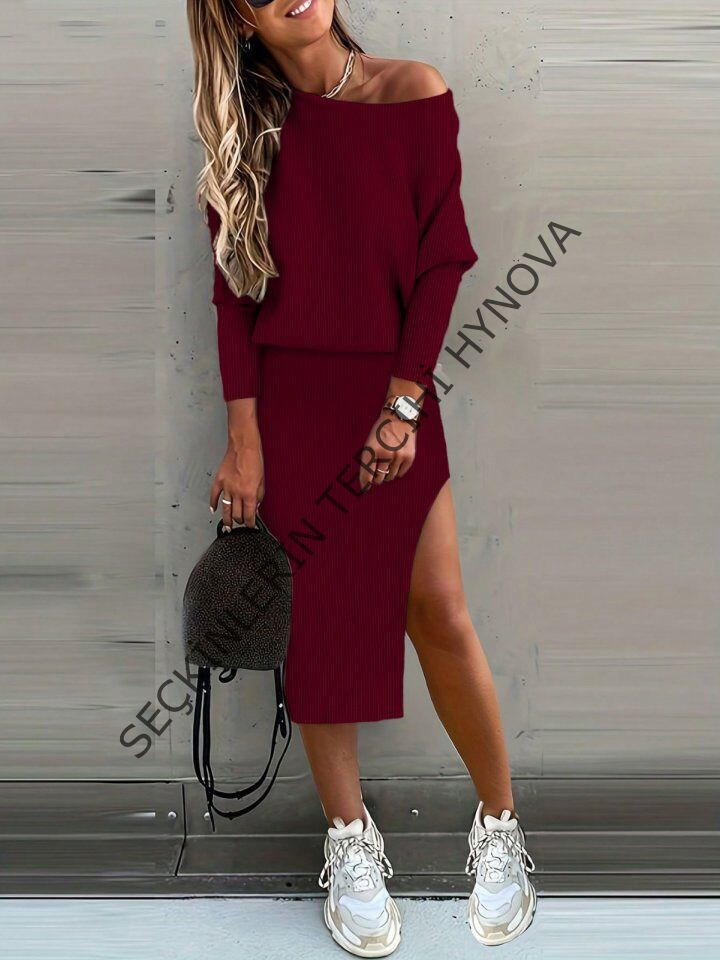 Kadın Uzun Kollu Düşük Omuz Yırtmaç Detay Kaşkorse Etek Bluz Ikili Takım