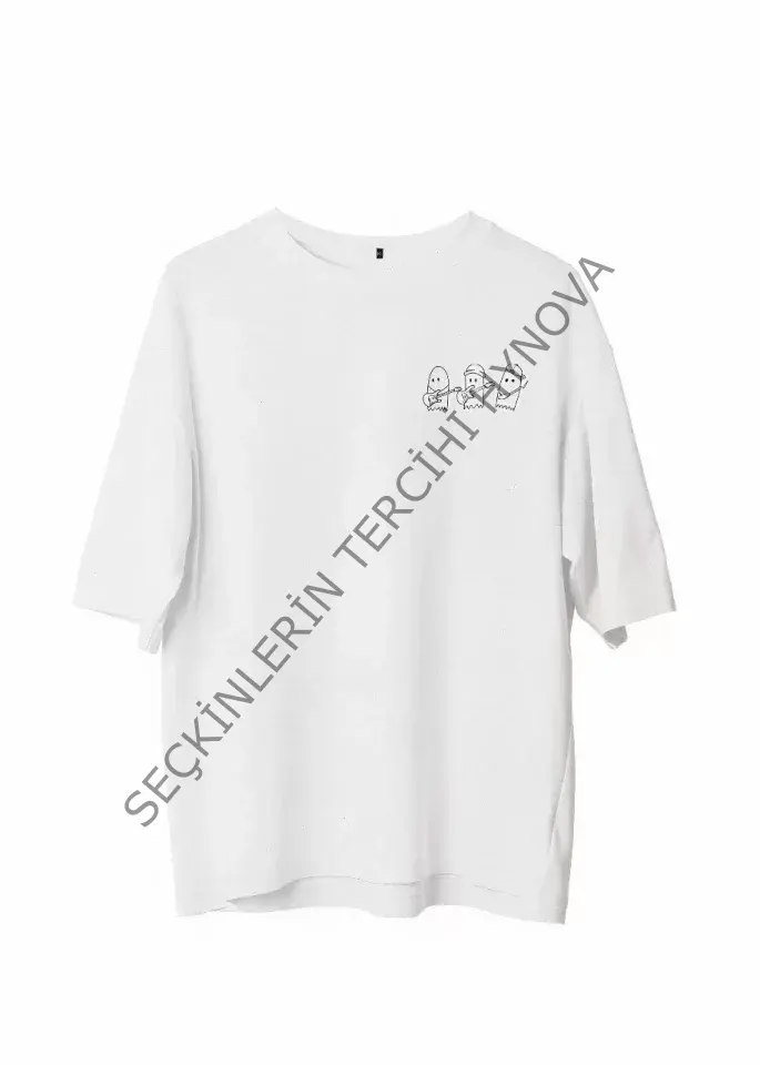 Unisex Bisiklet Yaka Baskılı Oversize T-Shirt - Beyaz