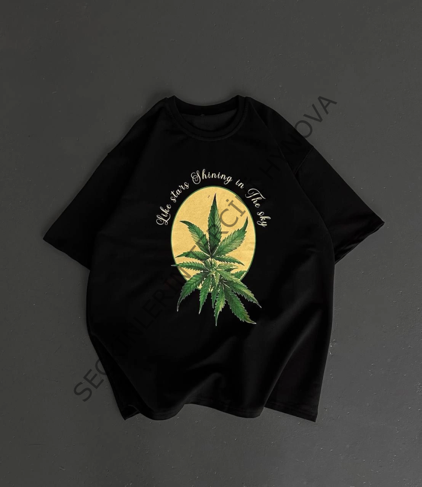 Ön Ve Arka Baskılı Oversize Bisiklet Yaka T-shirt- Siyah