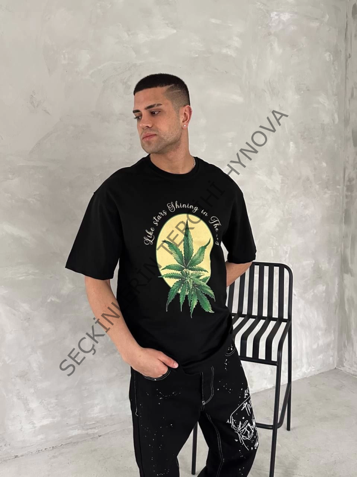 Ön Ve Arka Baskılı Oversize Bisiklet Yaka T-shirt- Siyah