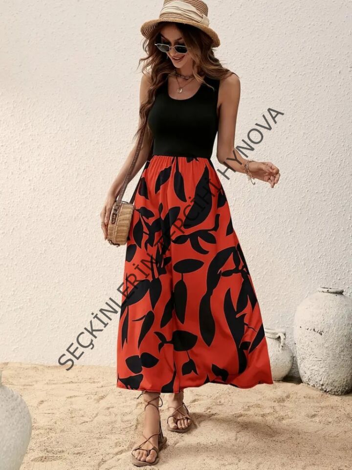 Kadın Askılı Yuvarlak Yaka üst Viskon Alt Desenli Uzun Süprem Elbise