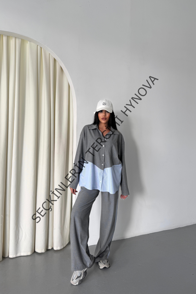 POLYVİSKON - POPLİN PARÇALI GÖMLEK PANTOLON TAKIM - Gri