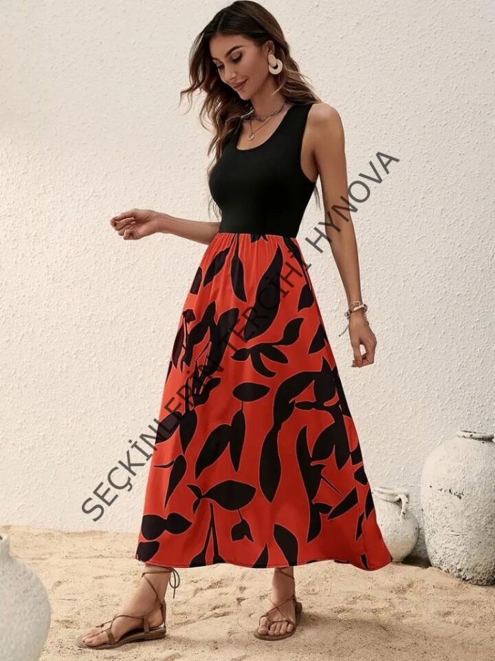 Kadın Askılı Yuvarlak Yaka üst Viskon Alt Desenli Uzun Süprem Elbise