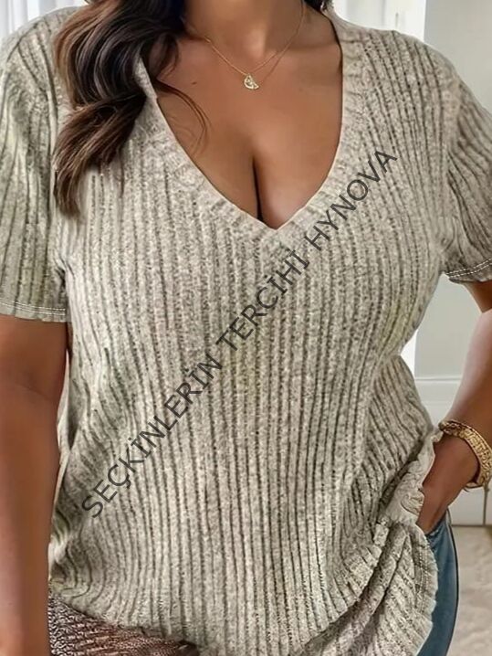 22Kadın Kısa Kollu V Yaka Fitilli Kaşkorse Bluz