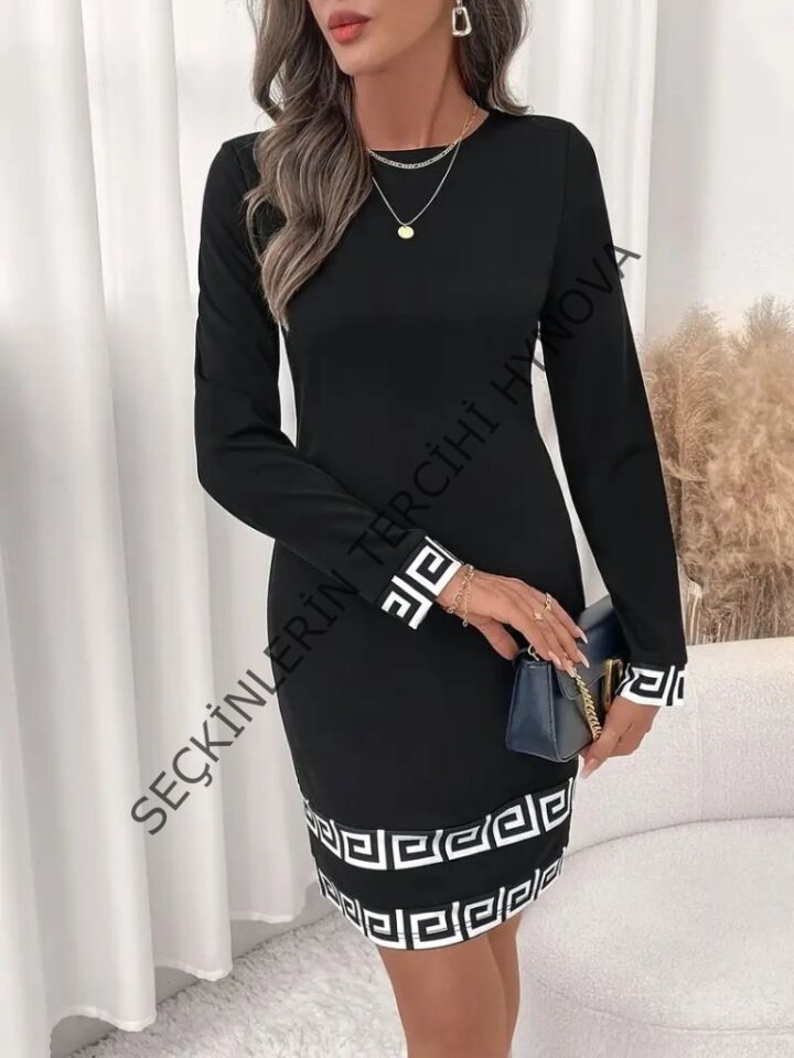 Kadın Uzun Kollu Bisiklet Yaka Mini Ithal Krep Elbise