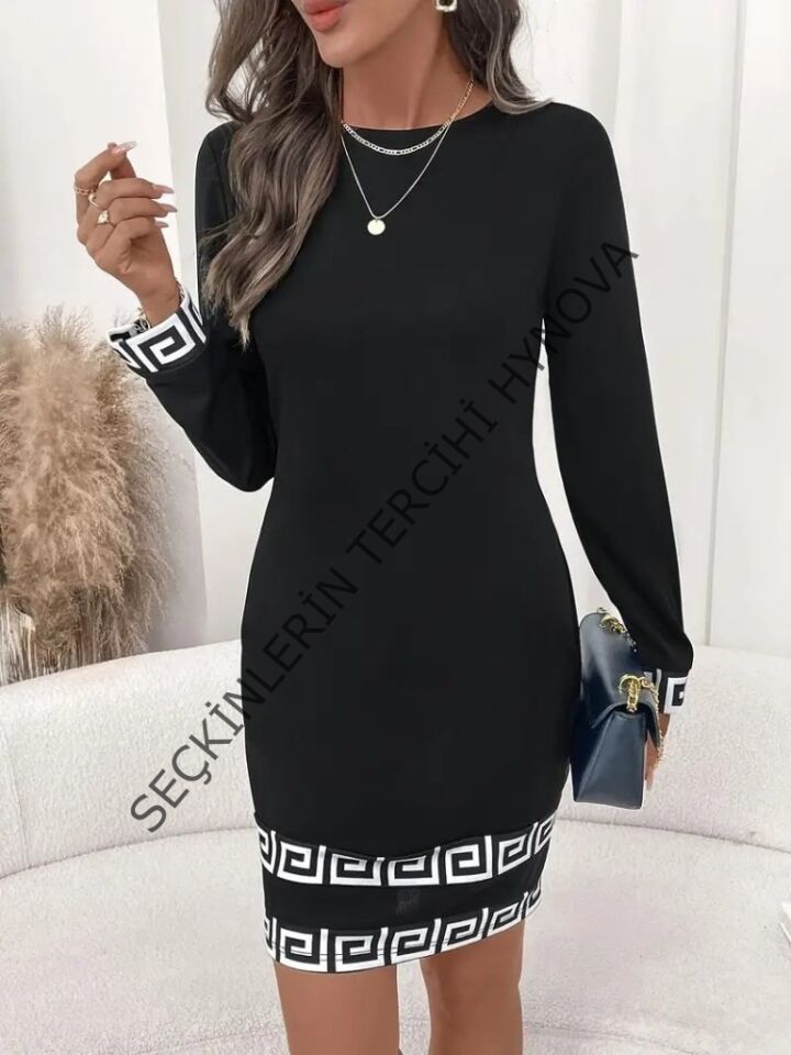 Kadın Uzun Kollu Bisiklet Yaka Mini Ithal Krep Elbise