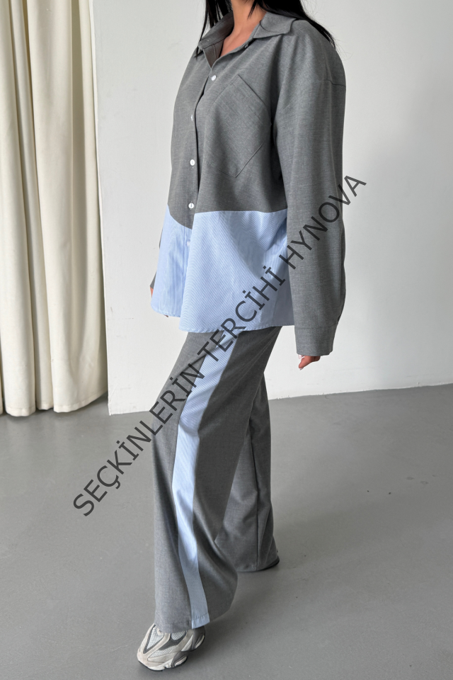 POLYVİSKON - POPLİN PARÇALI GÖMLEK PANTOLON TAKIM - Gri