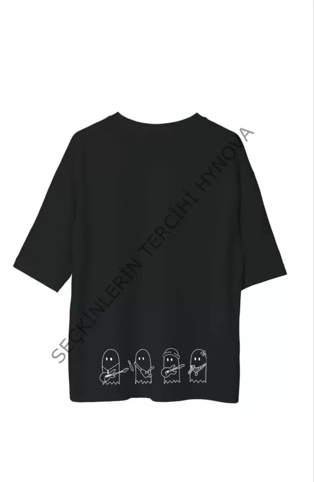 Unisex Bisiklet Yaka Baskılı Oversize T-Shirt - Siyah