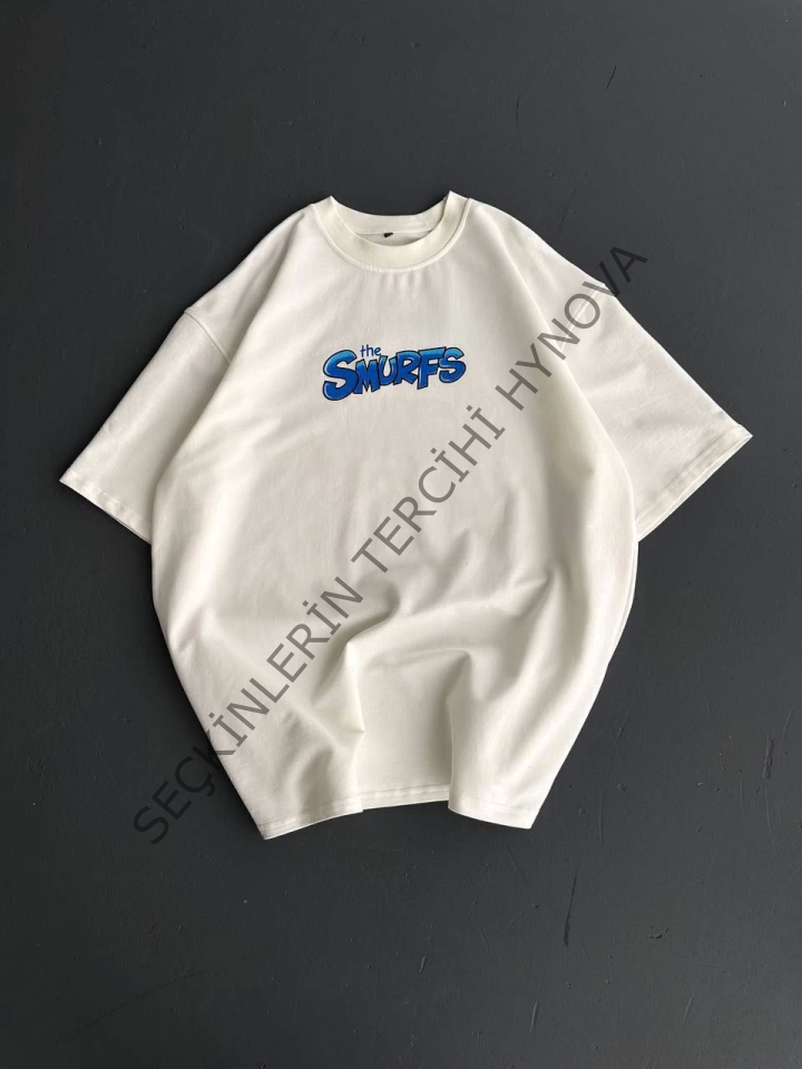 Ön Ve Arka Baskılı Oversize Bisiklet Yaka T-shirt- Beyaz