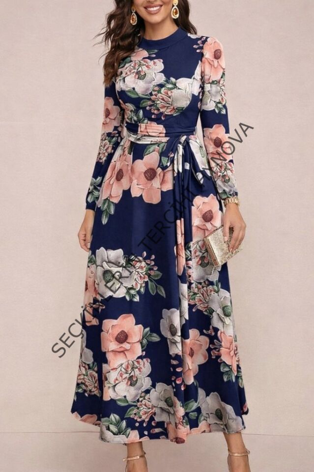 Kadın Uzun Kollu Yuvarlak Yakalı Beli Kuşaklı Desenli Süprem Uzun Elbise