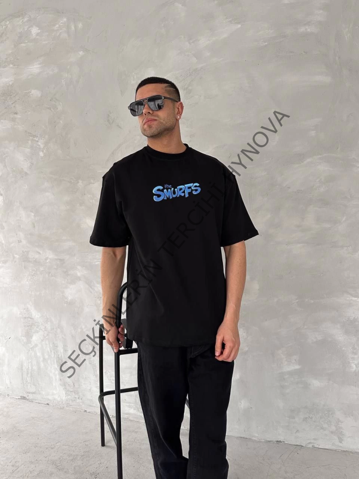 Ön Ve Arka Baskılı Oversize Bisiklet Yaka T-shirt- Siyah