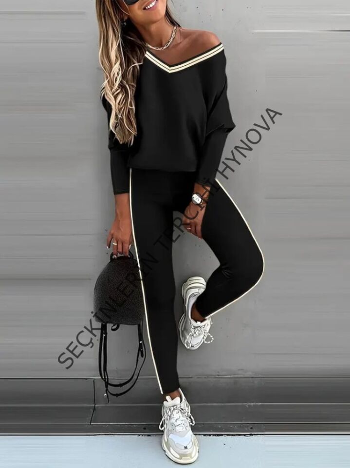 Kadın Uzun Kollu Tek Omuzu Açık Detaylı Viskon Iki Iplik Bluz Ve Pantolon Ikili Takım