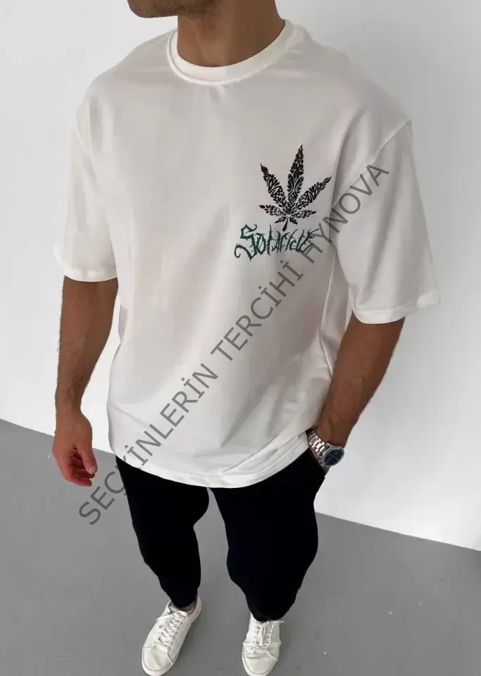 Unisex Bisiklet Yaka Baskılı Oversize T-Shirt - Beyaz