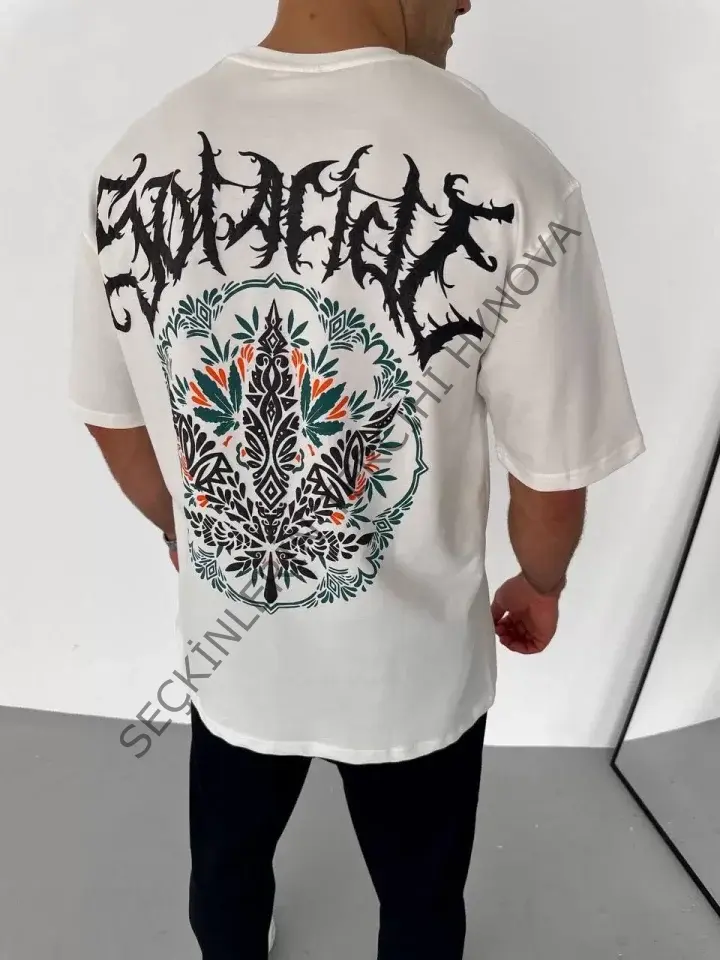 Unisex Bisiklet Yaka Baskılı Oversize T-Shirt - Beyaz