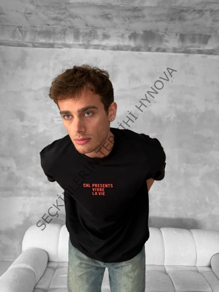 Ön Ve Arka Baskılı Oversize Bisiklet Yaka T-shirt- Siyah