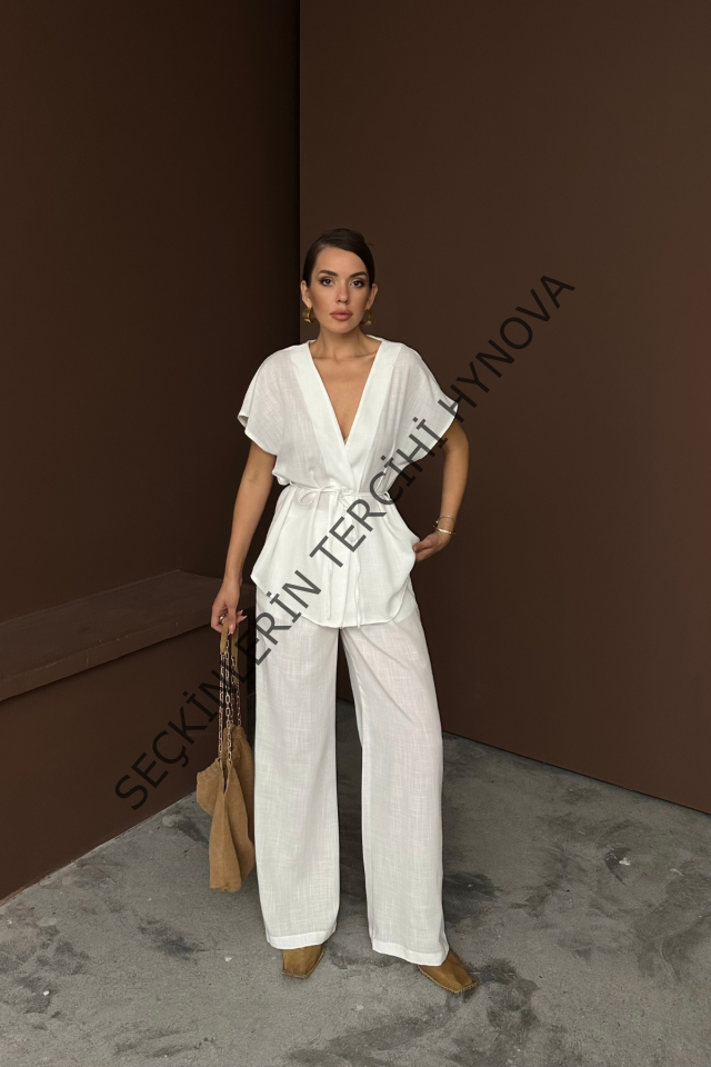 KETEN V YAKA BELDEN BAĞLAMALI BLUZ-PANTOLON TAKIM - Beyaz