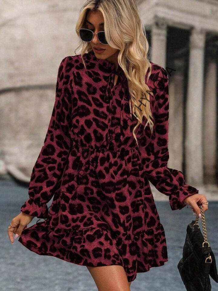 Kadın Uzun Kollu Yakadan Bağcıklı Modal Leopar Desenli Mini Elbise