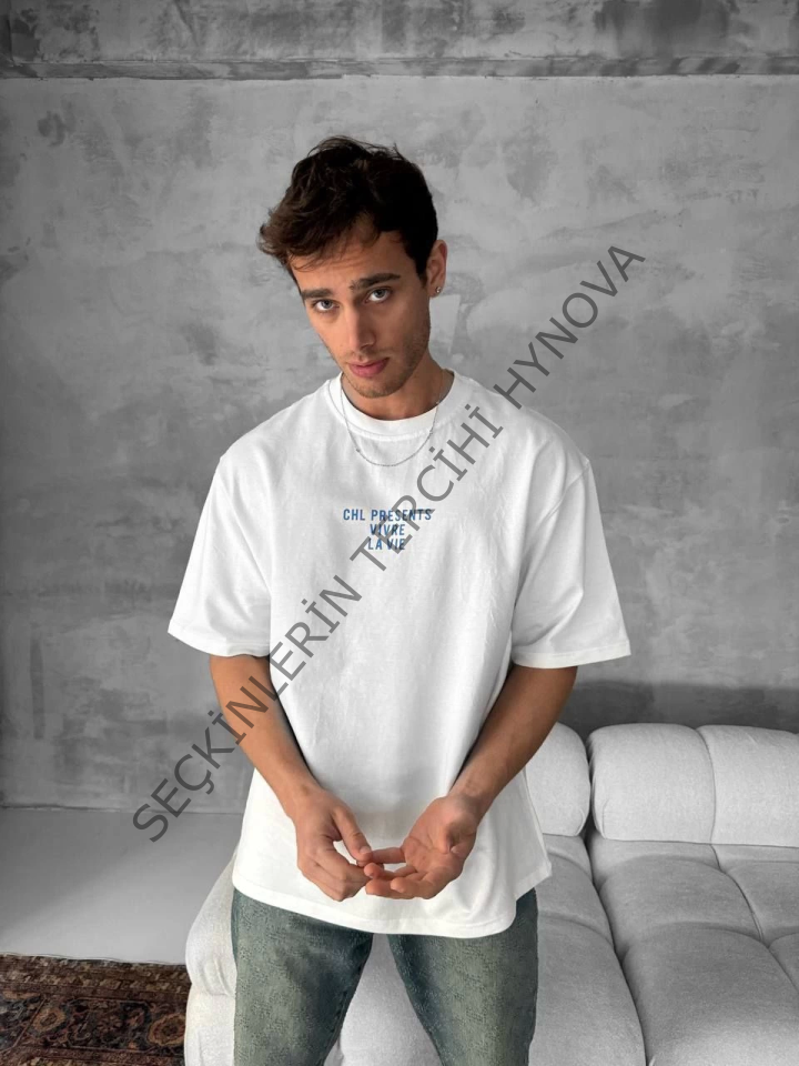 Ön Ve Arka Baskılı Oversize Bisiklet Yaka T-shirt- Beyaz