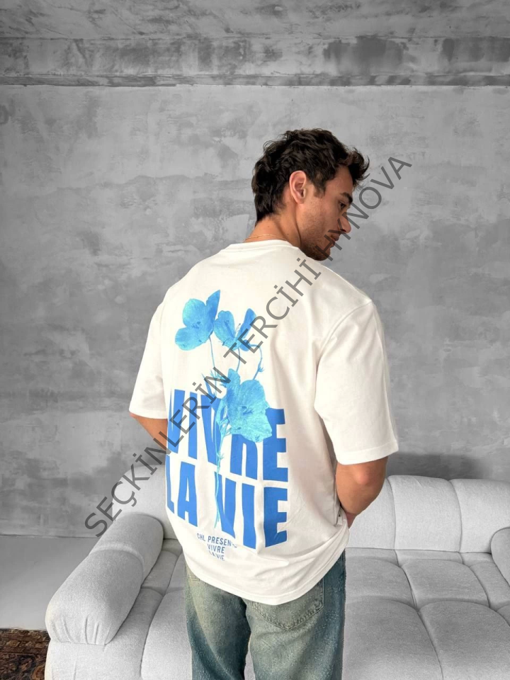 Ön Ve Arka Baskılı Oversize Bisiklet Yaka T-shirt- Beyaz