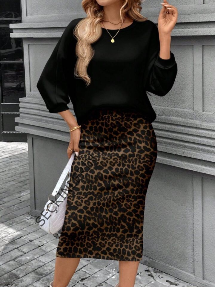 Kadın Uzun Kollu Bisiklet Yaka Modal Bluz Ve Leopar Desenli Etek Ikili Takım