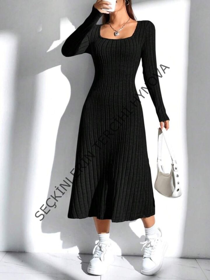 Kadın Uzun Kollu Kare Yaka Midi Kaşkorse Elbise