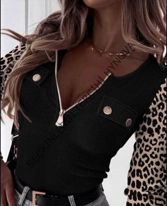 Kadın Uzun Kollu Leopar Desenli Fermuarlı önden Cep Ve Düğme Detaylı Kaşkorse Bluz