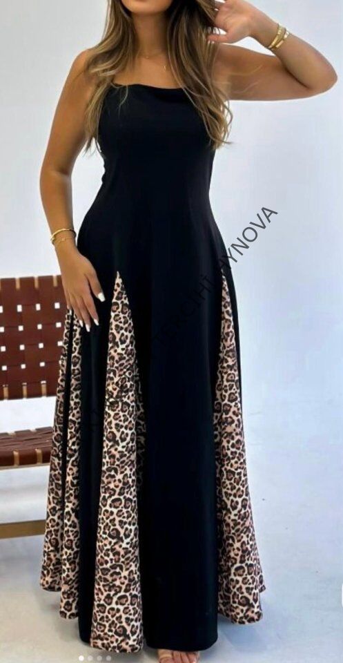 Kadın Dalgıç Kumaş Leopar Desenli Kloş Elbise