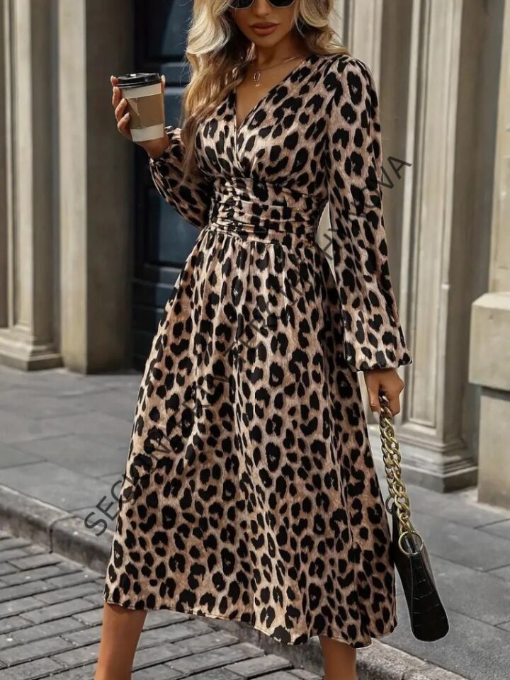 Kadın Uzun Kollu Kruvaze Yaka Belden Oturtmalı Midi Modal Leopar Desenli Elbise