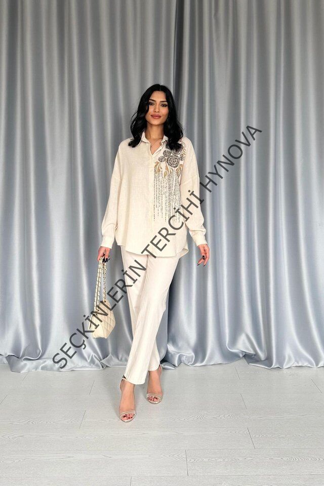 Krem Pulpayet Nakışlı Bedensiz Gömlek