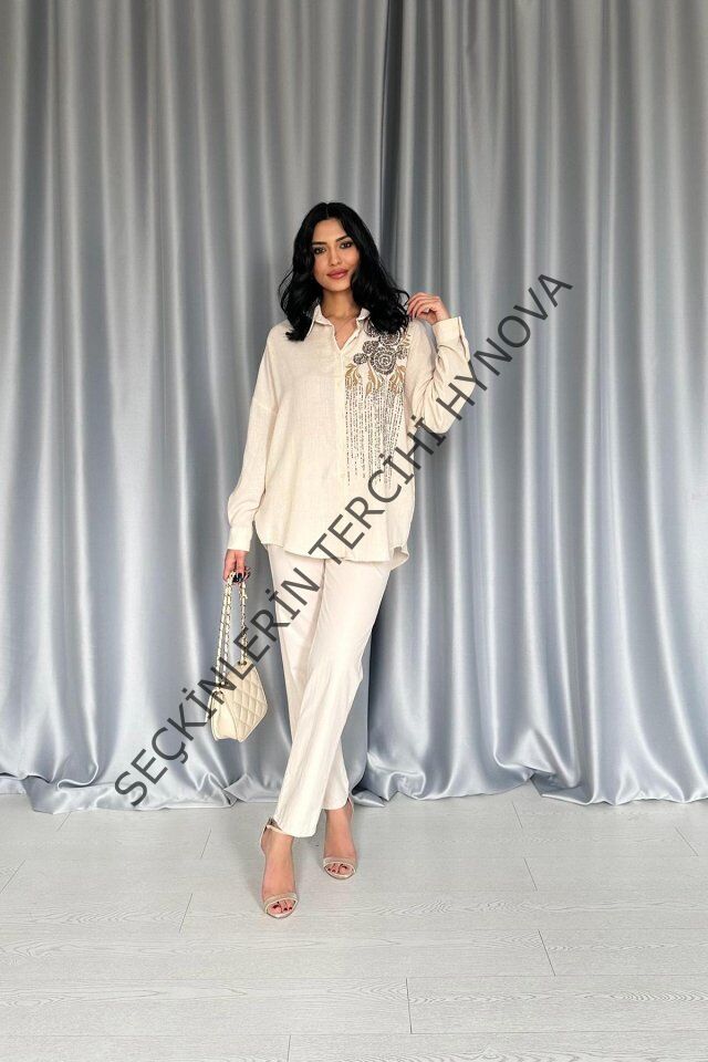 Krem Pulpayet Nakışlı Bedensiz Gömlek