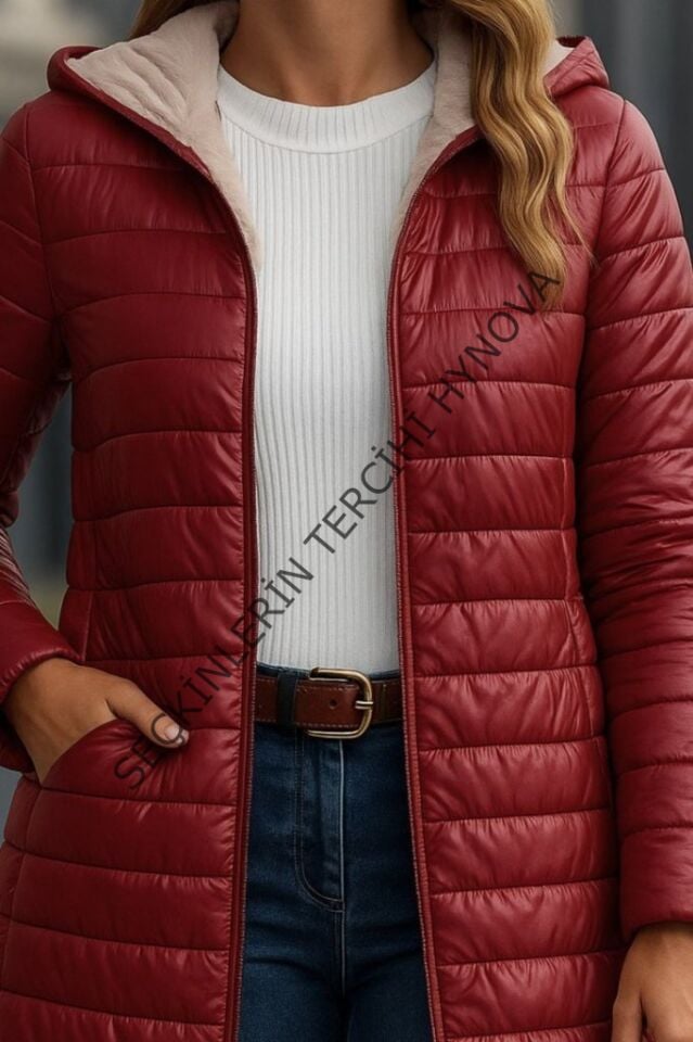 Kadın Uzun Kollu Kapşonlu Cep Detaylı Fermuarlı Orta Boy Mont