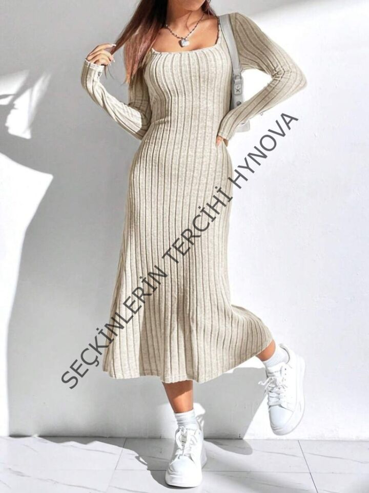 Kadın Uzun Kollu Kare Yaka Midi Kaşkorse Elbise