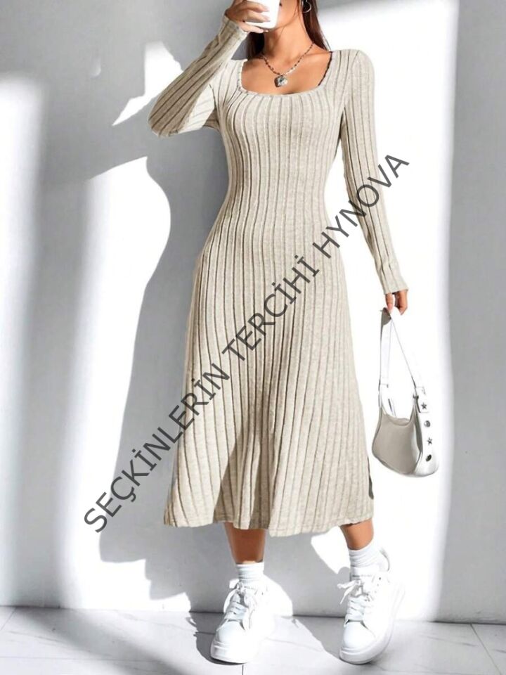 Kadın Uzun Kollu Kare Yaka Midi Kaşkorse Elbise