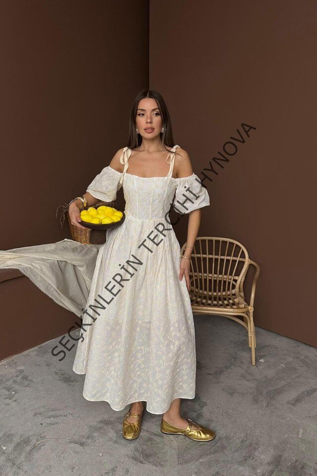 Bej Omuzu Bağcıklı Balon Kollu Brode Elbise