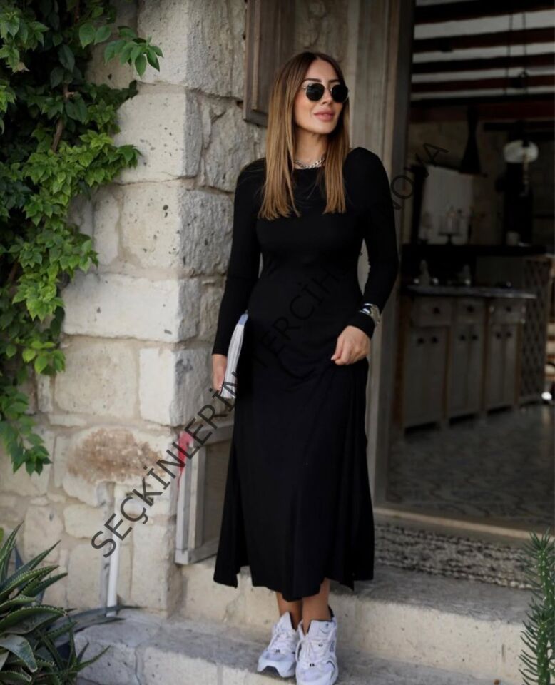 Kadın Uzun Kollu Bisiklet Yaka Arkası çapraz Detaylı Viskon Iki Iplik Maxi Elbise