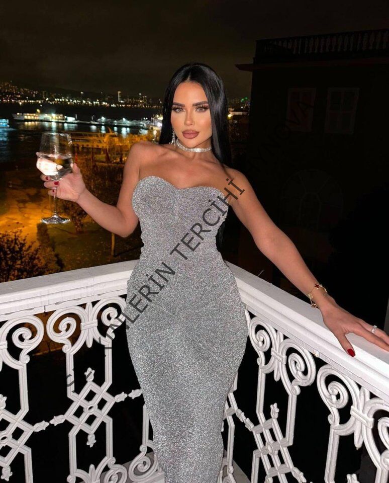 Straplez Simli Uzun Elbise