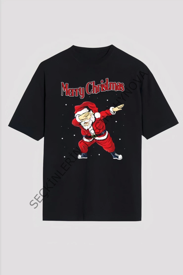 Merry Christmas Baskılı Noel Babalı T-shirt - Siyah