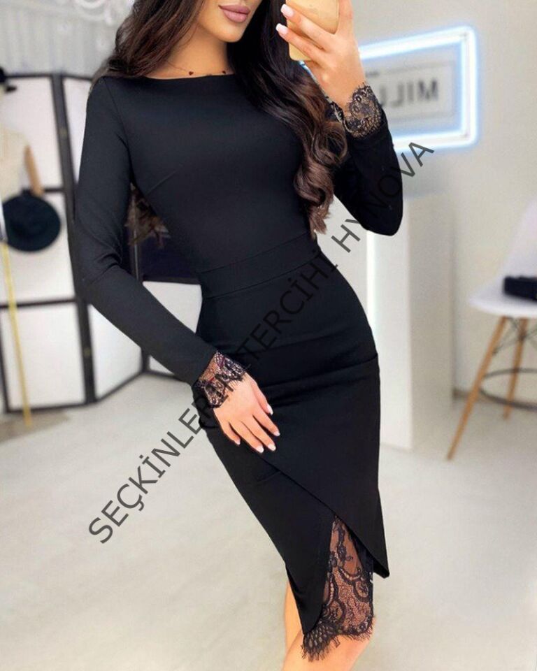 Kadın Uzun Kollu Bisiklet Yaka önden Dantel Ve Yırtmaç Detaylı Dalgıç Elbise