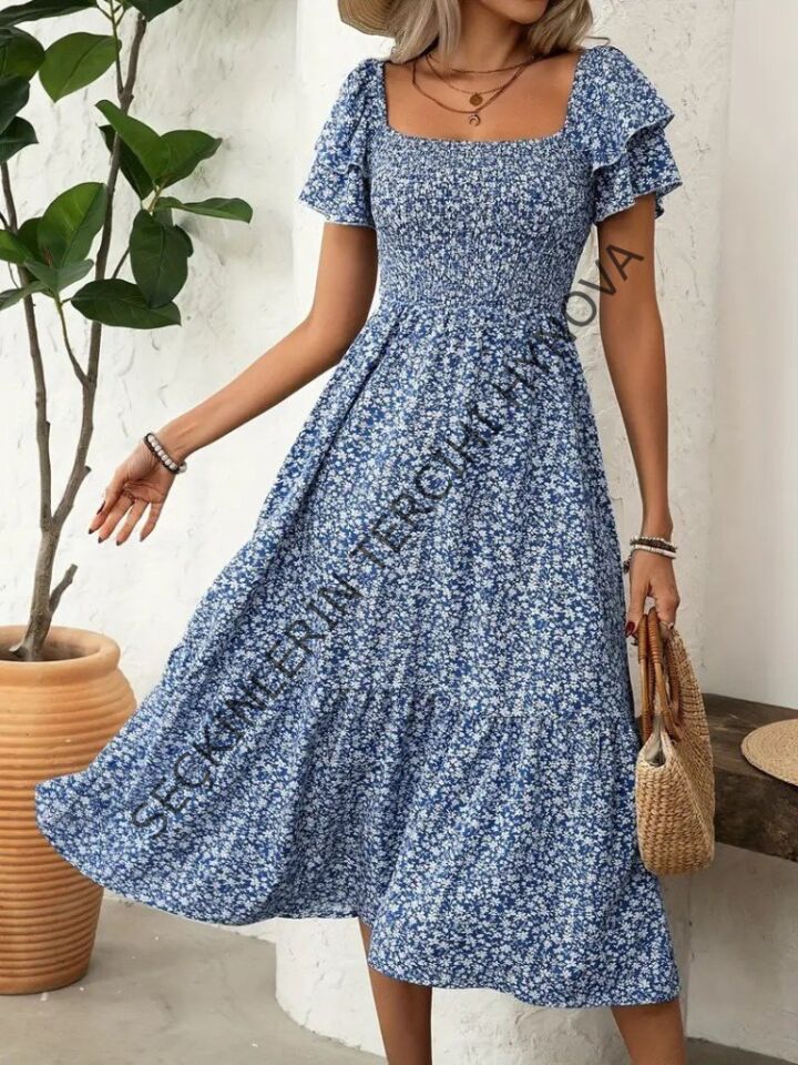 Kadın Kısa Kollu Gipe Detaylı Desenli Midi Süprem Elbise