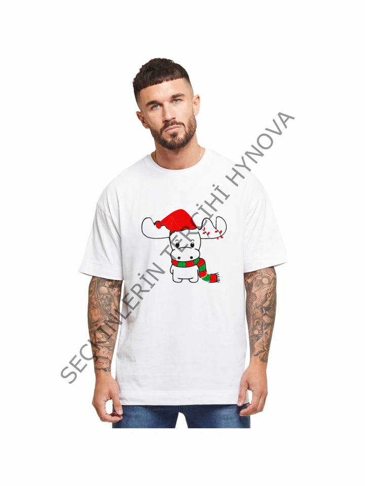 Ren Geyiği Baskılı Noel İçin T-shirt - Beyaz