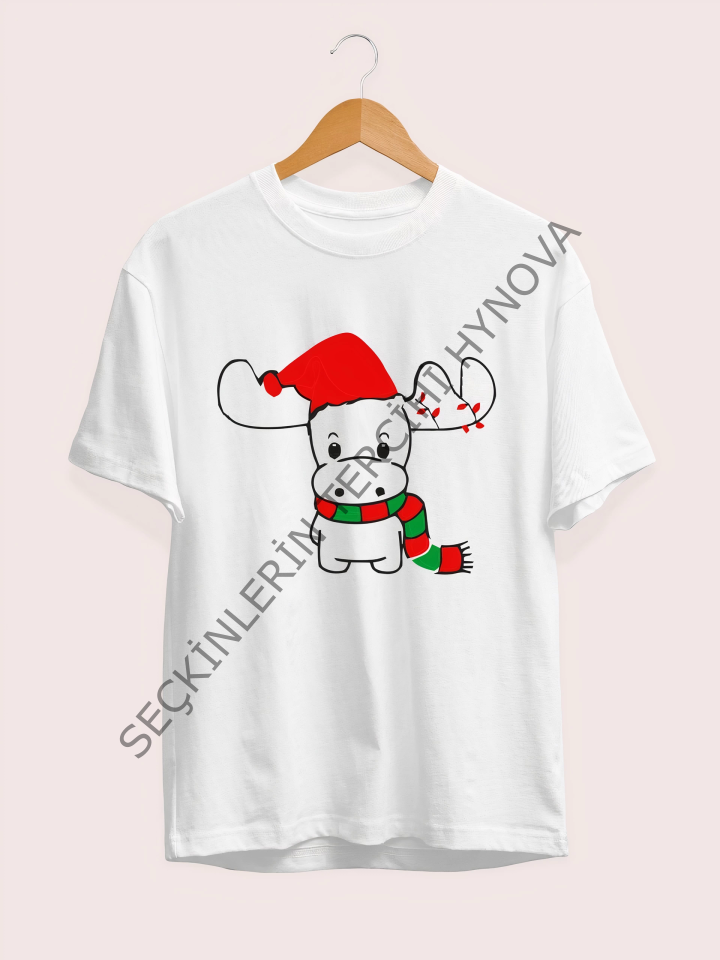 Ren Geyiği Baskılı Noel İçin T-shirt - Beyaz