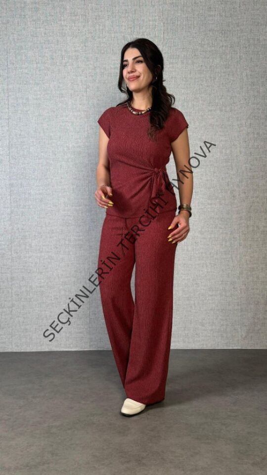 Kadın Kısa Kollu Bisiklet Yaka Yandan Bağlamalı Bürümcük Bluz Ve Pantolon Ikili Takım