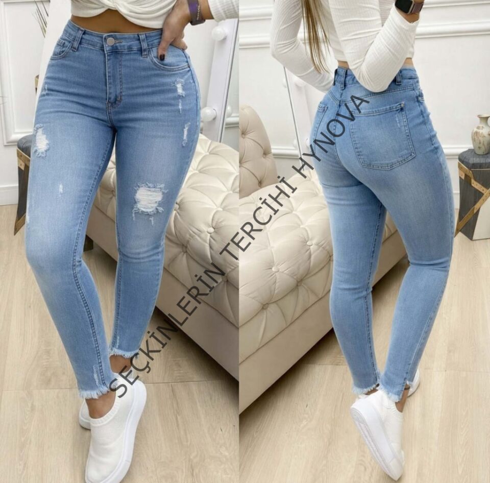 Kadın Yüksek Bel Yırtık Desenli Skınny Kot Pantolon