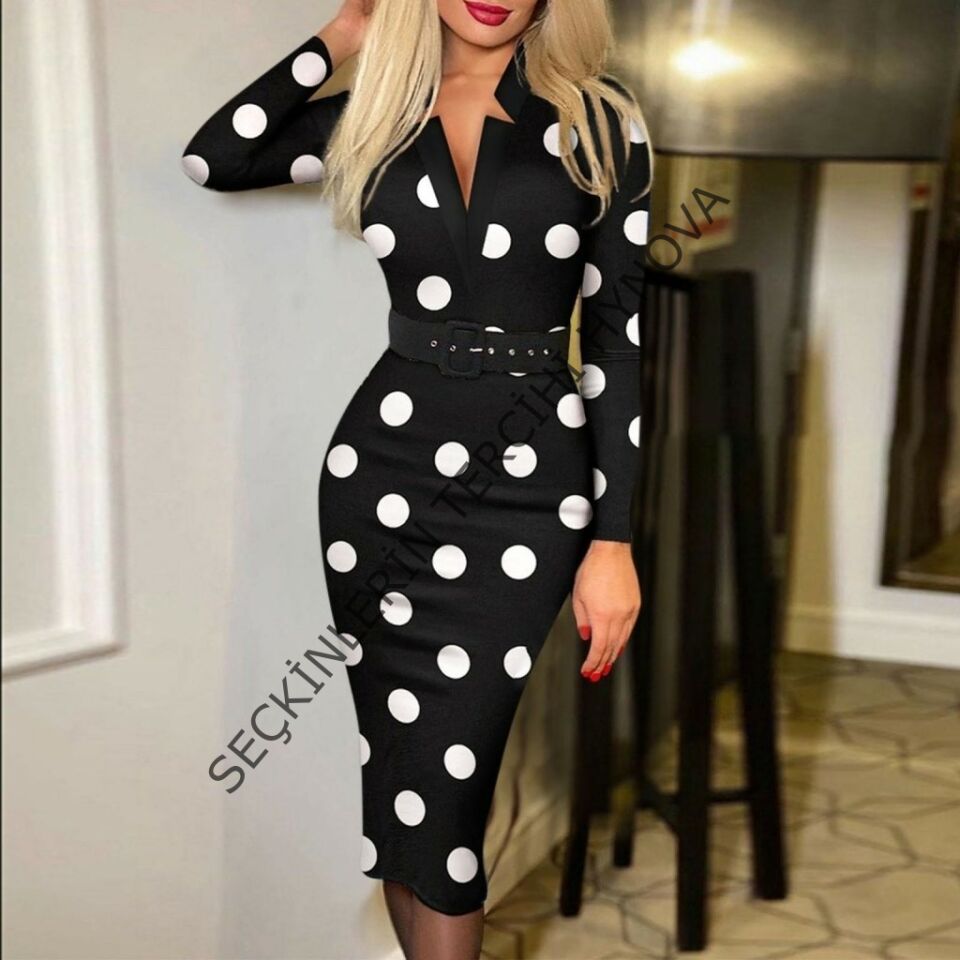 Kadın Uzun Kollu V Yaka Puantiyeli Krep Midi Boy Elbise