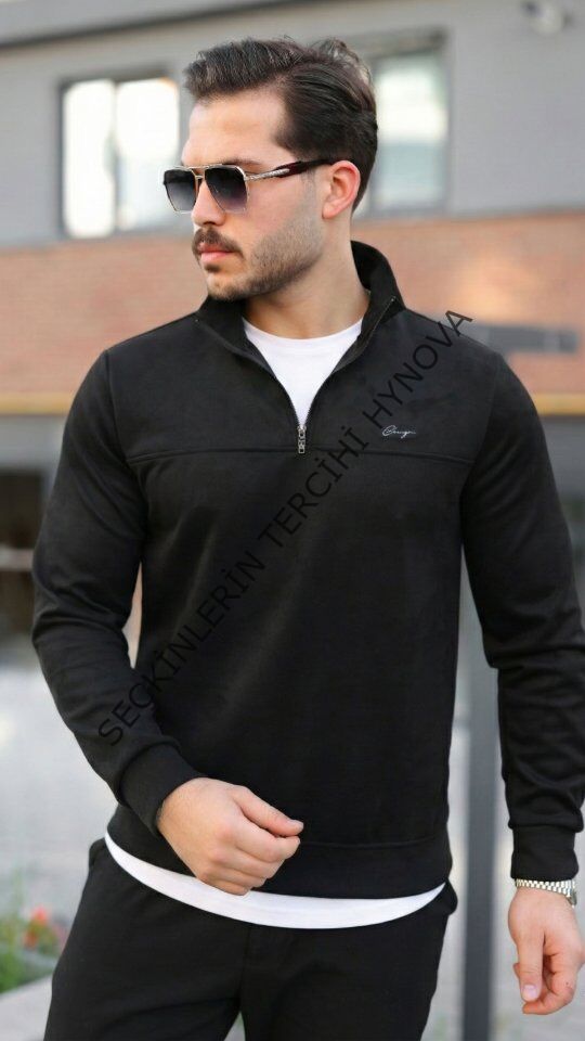 Erkek Süet Yarım Fermuar Dik Yaka Sweat