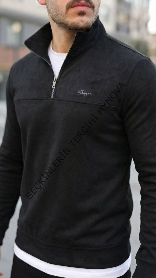 Erkek Süet Yarım Fermuar Dik Yaka Sweat