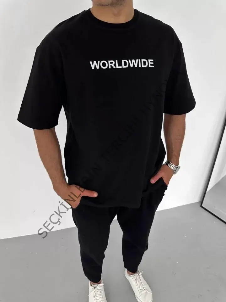 Unisex Bisiklet Yaka Baskılı Oversize T-Shirt - Siyah