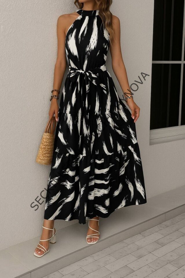 Kadın Halter Yakalı Omuzlardan Açık Kuşaklı Maksi Boy Desenli Süprem Elbise
